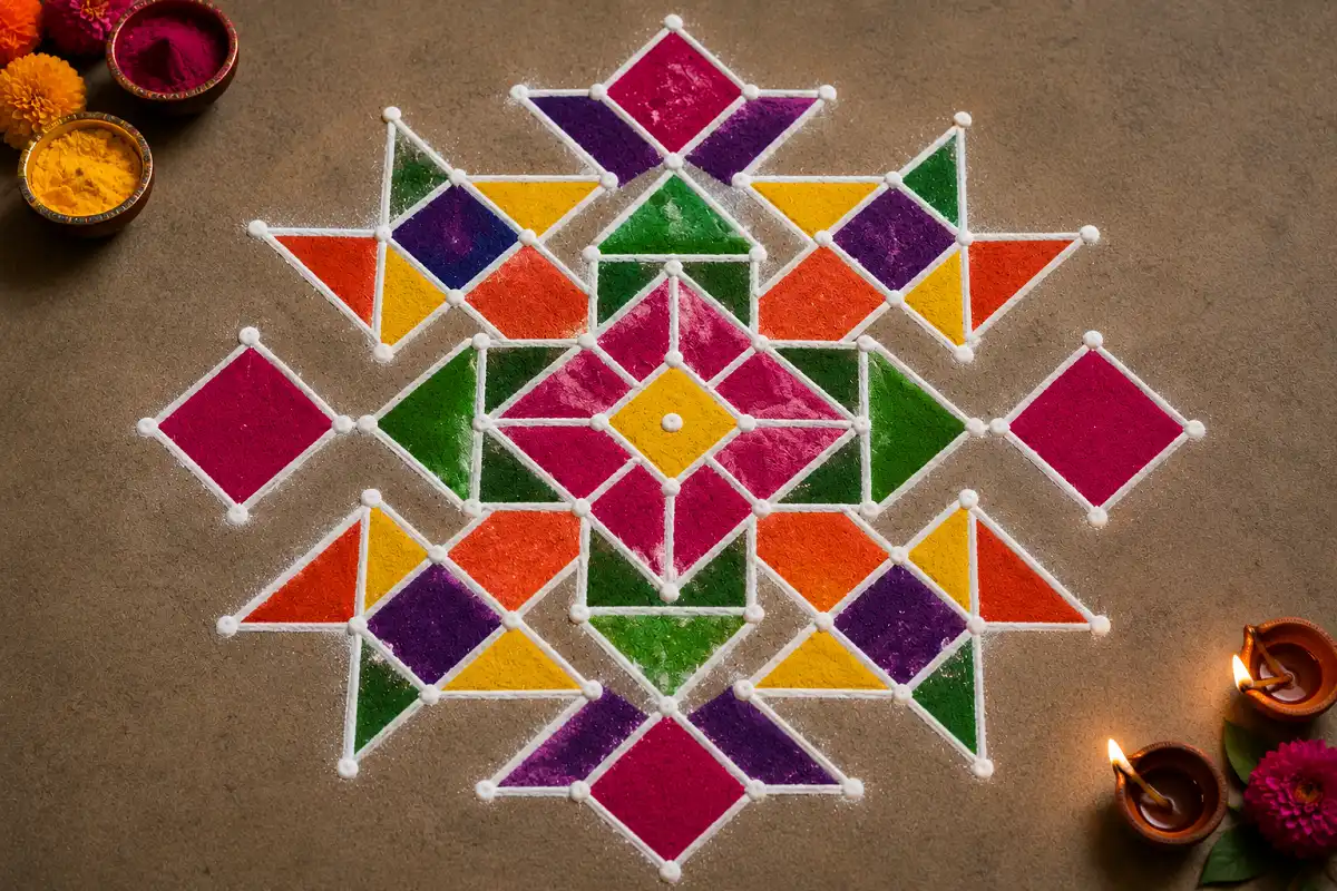 Colorful dot grid geometric Rangoli with diamonds and triangles