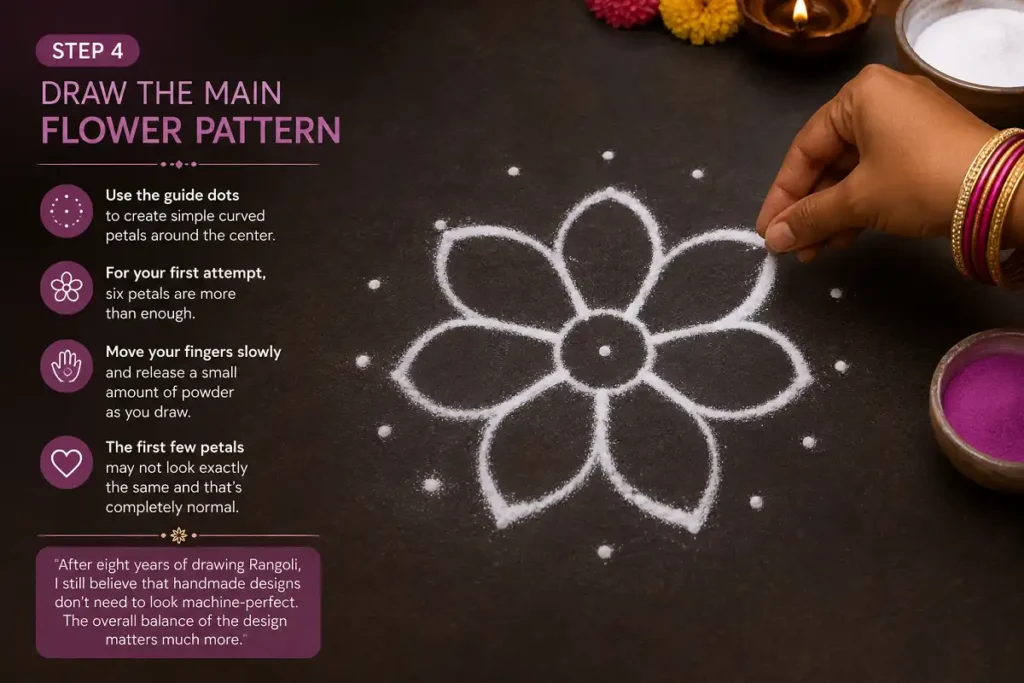 Hand drawing a six petal Rangoli flower using guide dots and powder