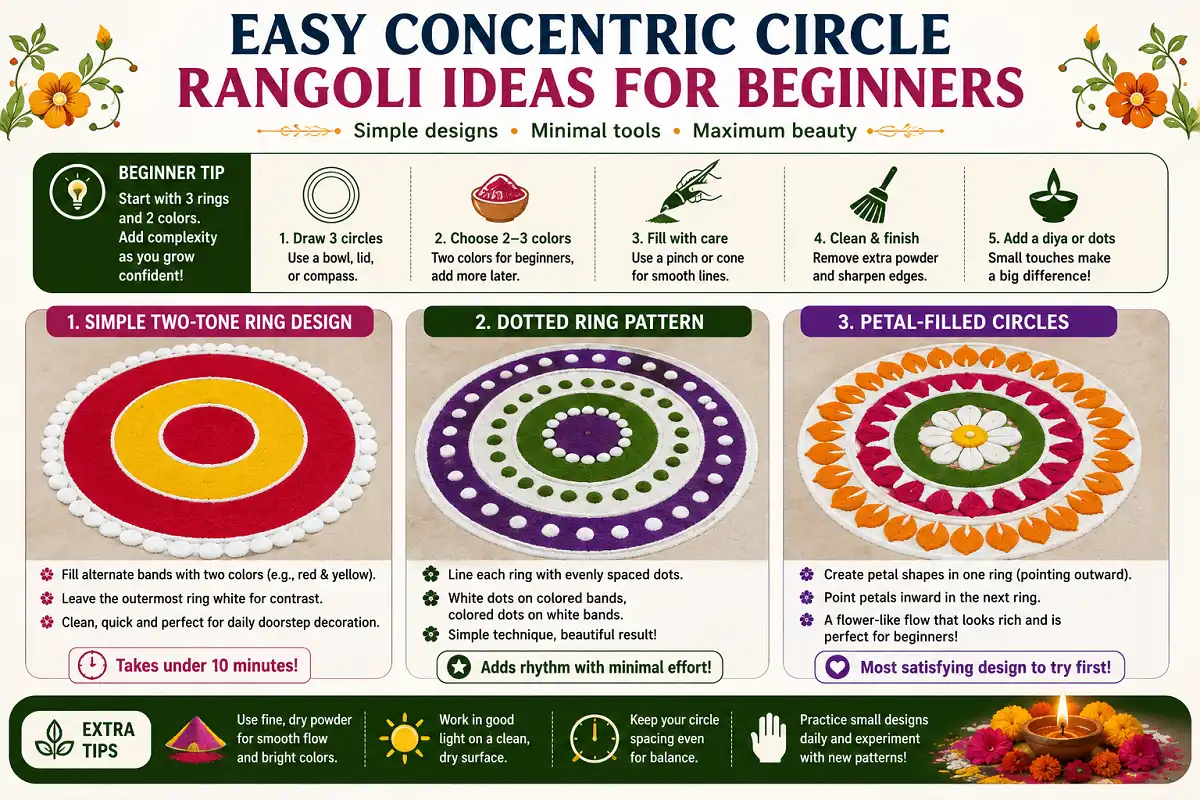 Beginner infographic showing three easy concentric circle rangoli designs.