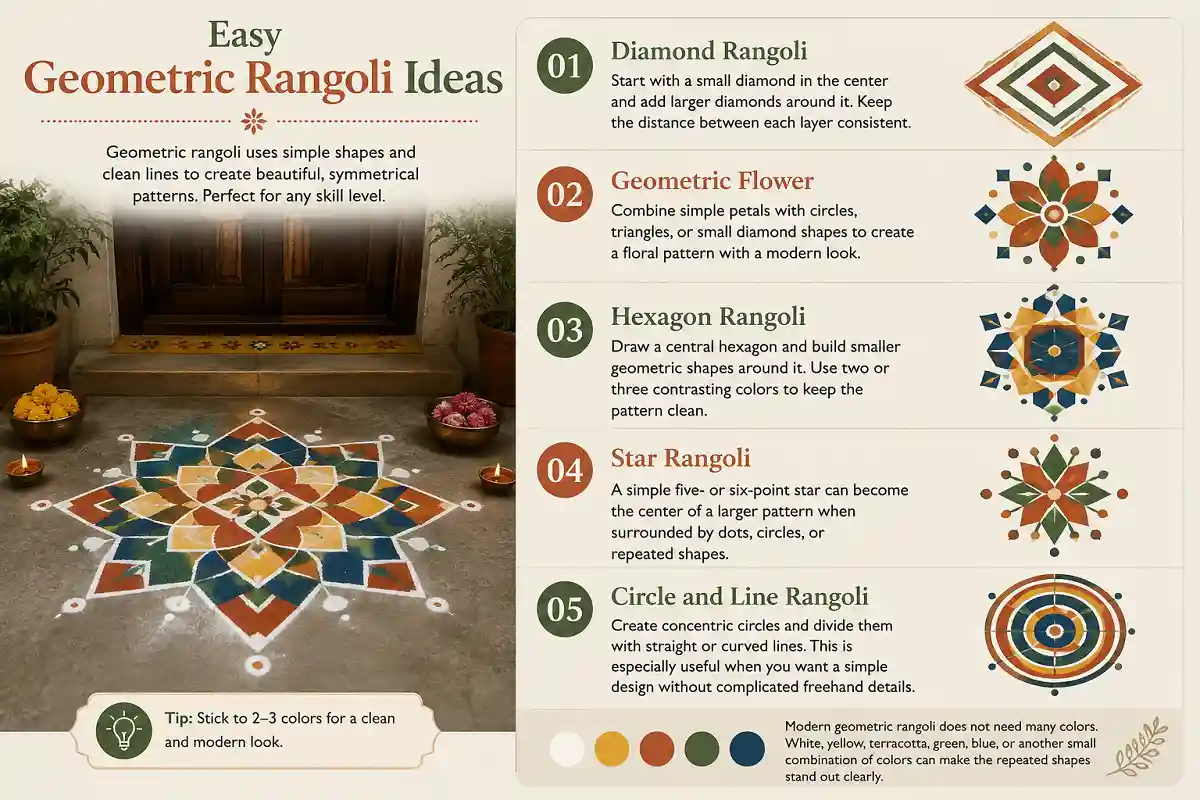 Easy geometric rangoli ideas with diamond, flower, hexagon, star and circle designs