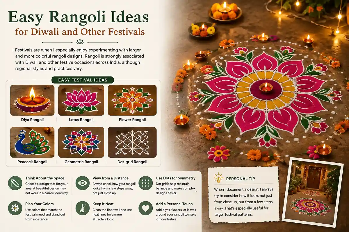 Easy Diwali rangoli ideas with diya, lotus, flower, peacock and geometric designs