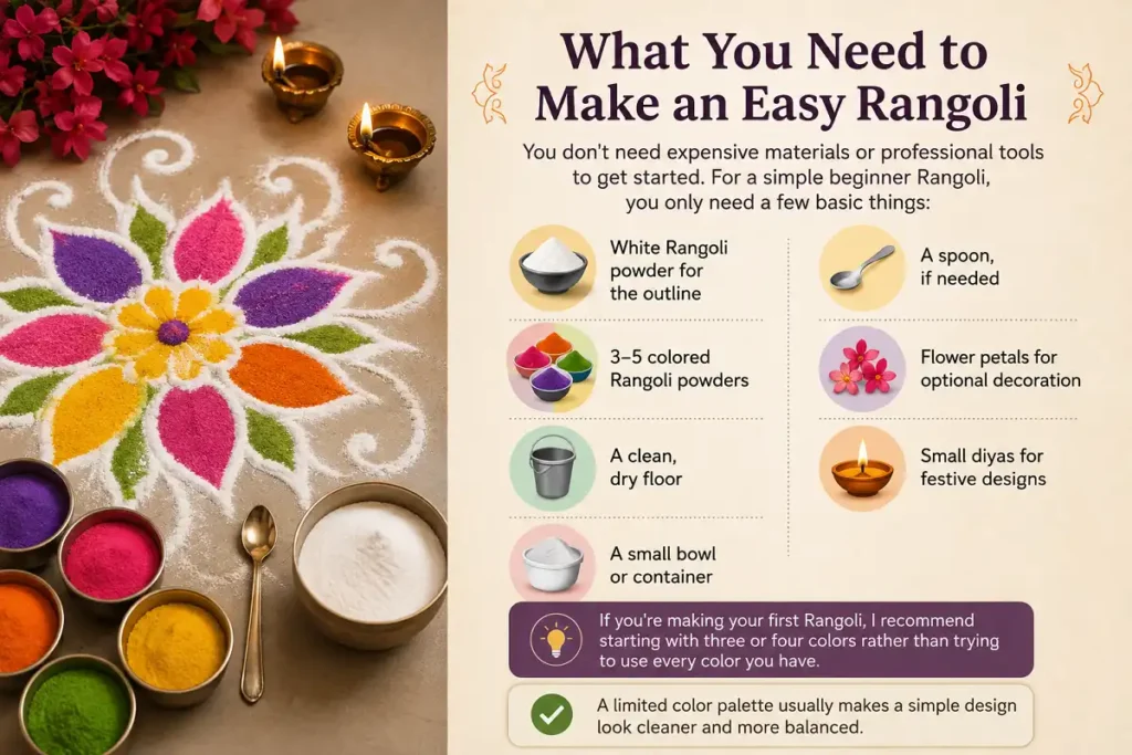 Easy Rangoli materials and beginner color guide