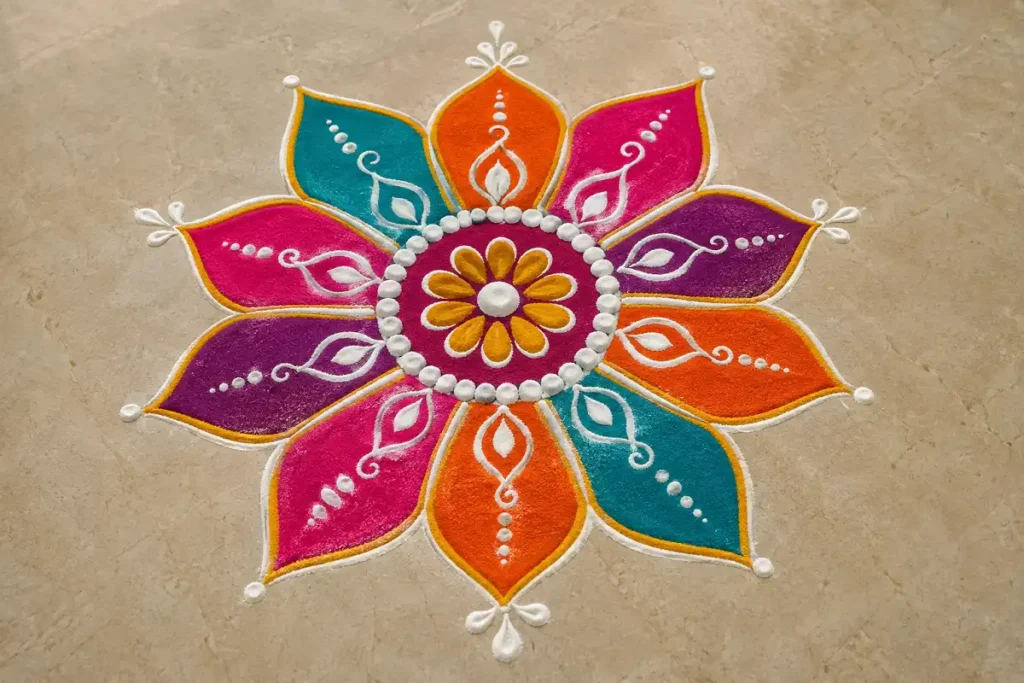 Colorful eight petal mandala rangoli design on a beige floor