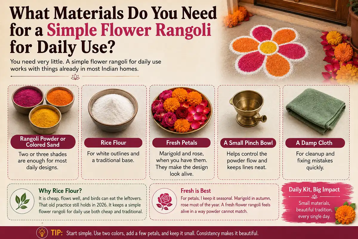 Infographic showing essential materials for making a simple daily flower rangoli at home