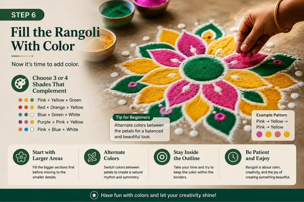 Step 6 Rangoli tutorial showing how to fill petals with alternating colors