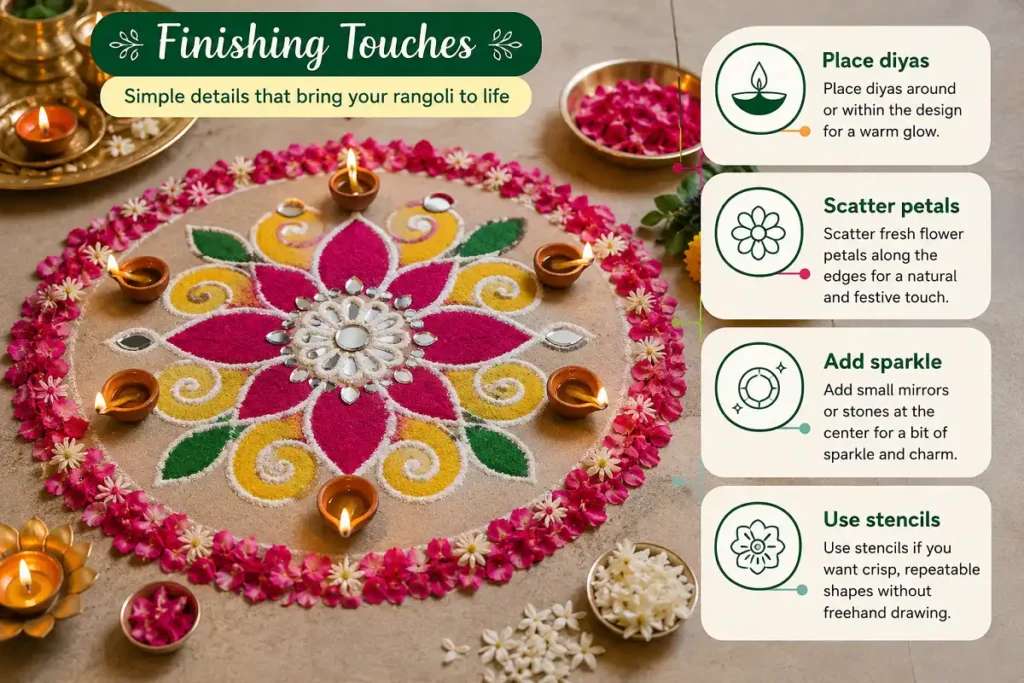 Finishing touches for a beautiful DIY flower rangoli