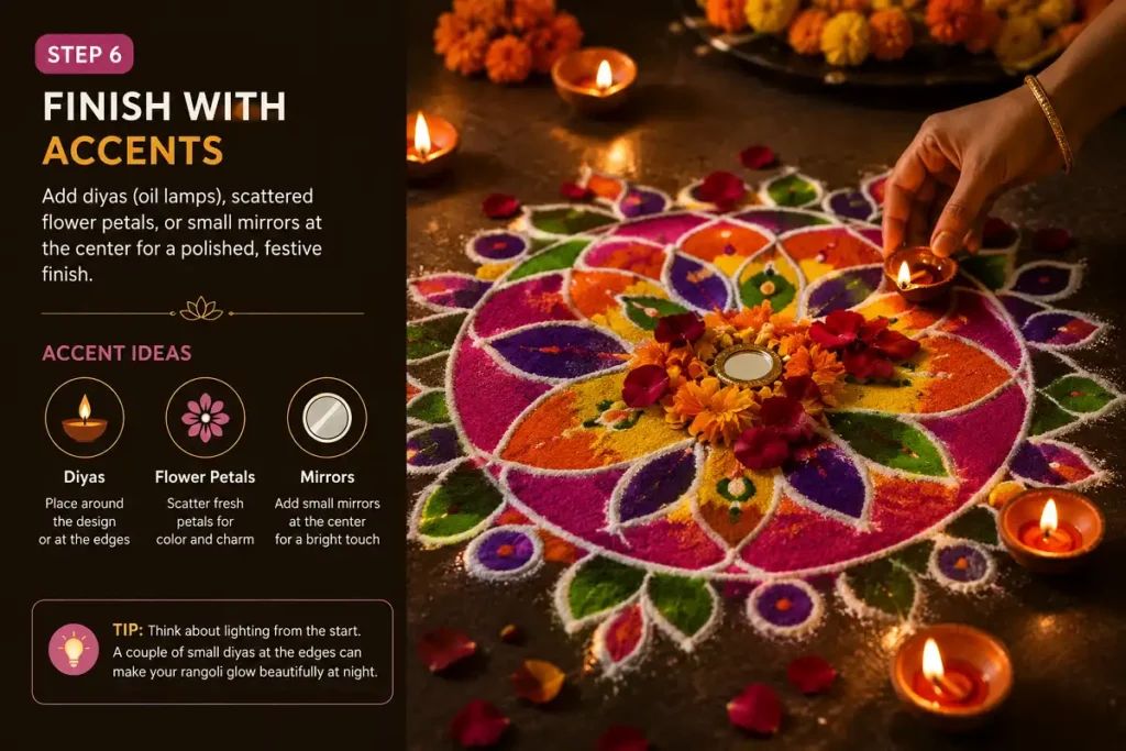 Finishing a rangoli with diyas and flower petals