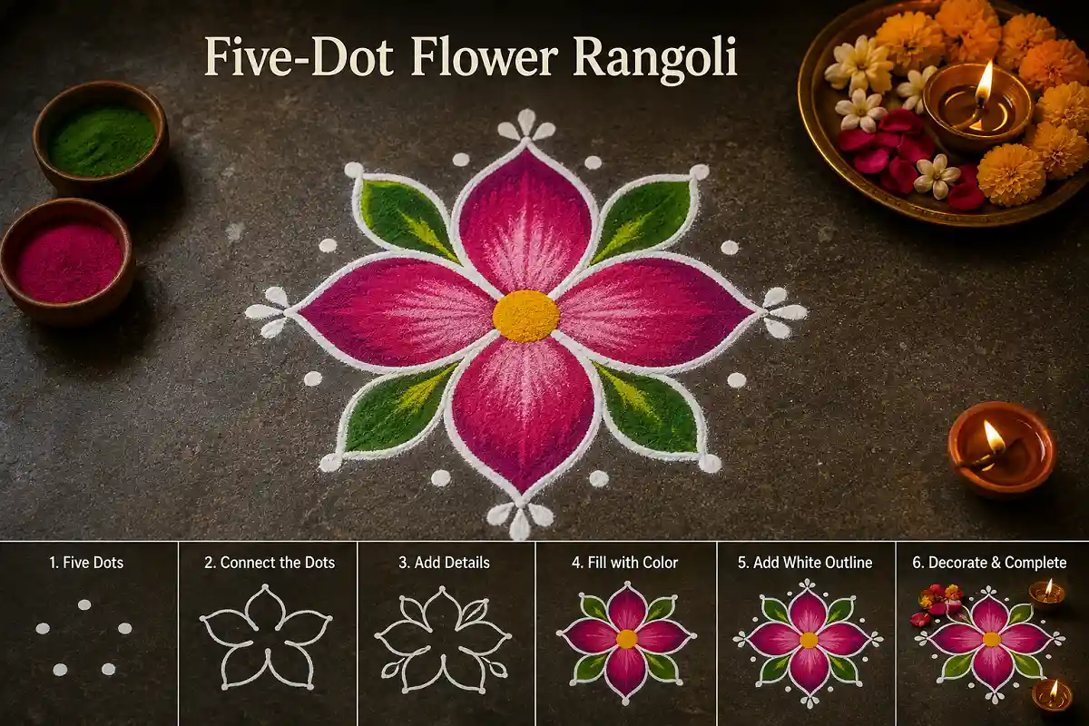 Five-dot flower rangoli design for beginners