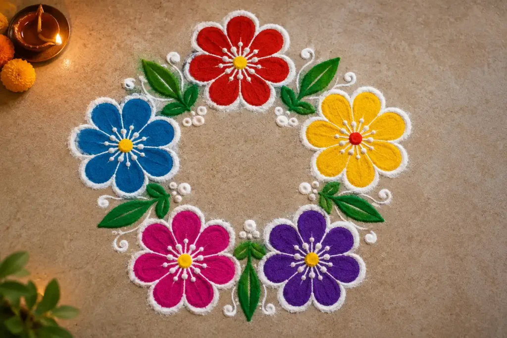 Five colorful flowers arranged in a bright circular rangoli design with white outlines