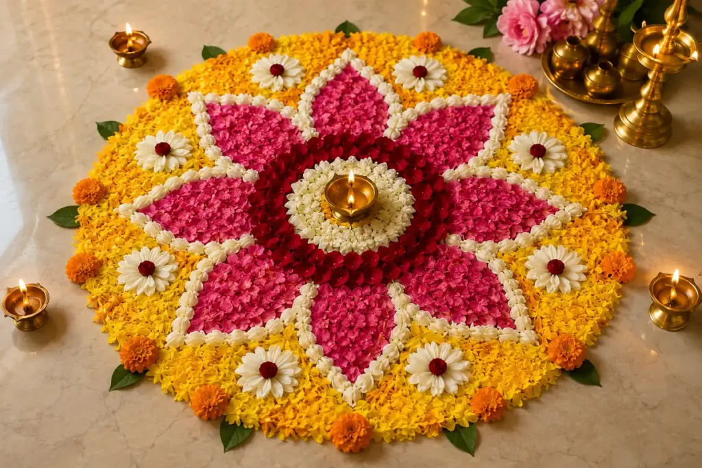 Colorful floral rangoli design with diya for pooja room