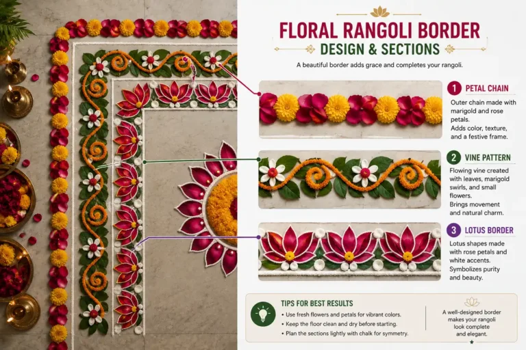 Floral rangoli border designs shown as real petals and a labeled infographic explaining petal, vine, and lotus frames
