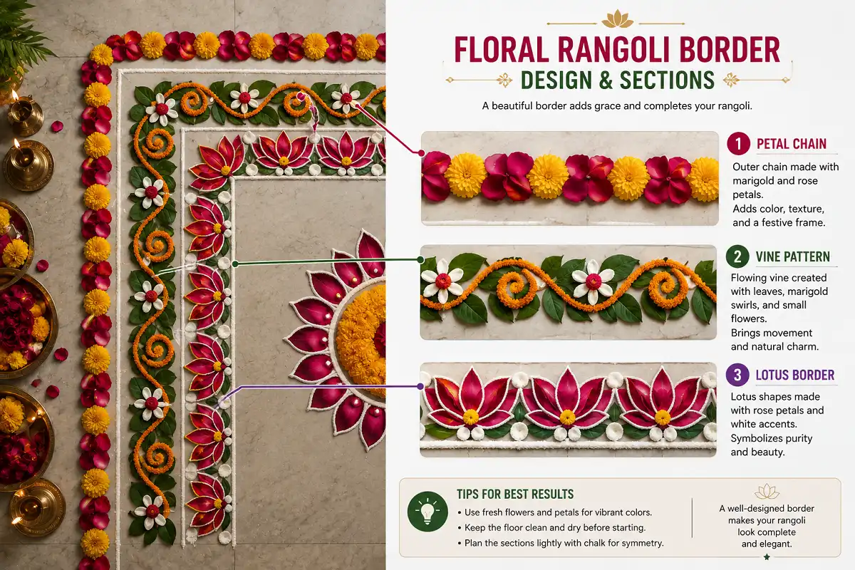 Floral rangoli border designs shown as real petals and a labeled infographic explaining petal, vine, and lotus frames