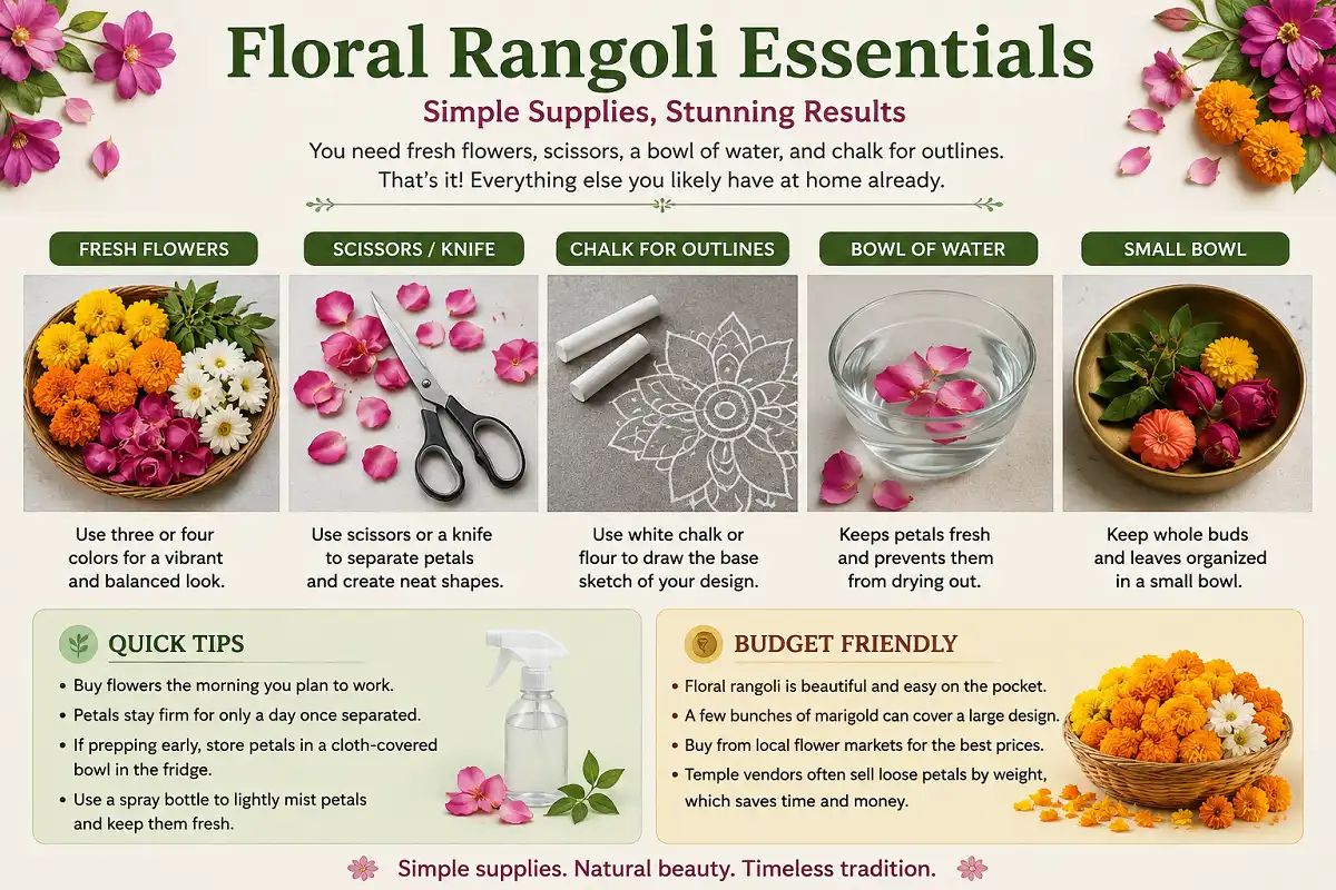 Infographic of floral rangoli supplies, prep tips, and budget-friendly flower buying guide.