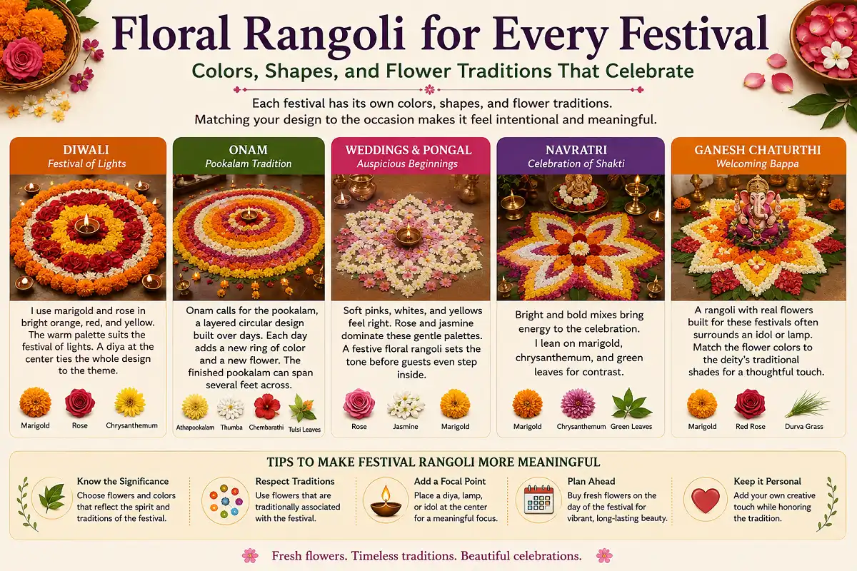 Infographic showing floral rangoli styles and flower colors for major Indian festivals.