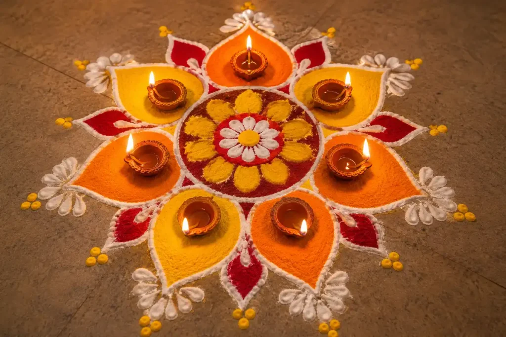 Colorful flower and diya rangoli with yellow, orange, red, and white patterns