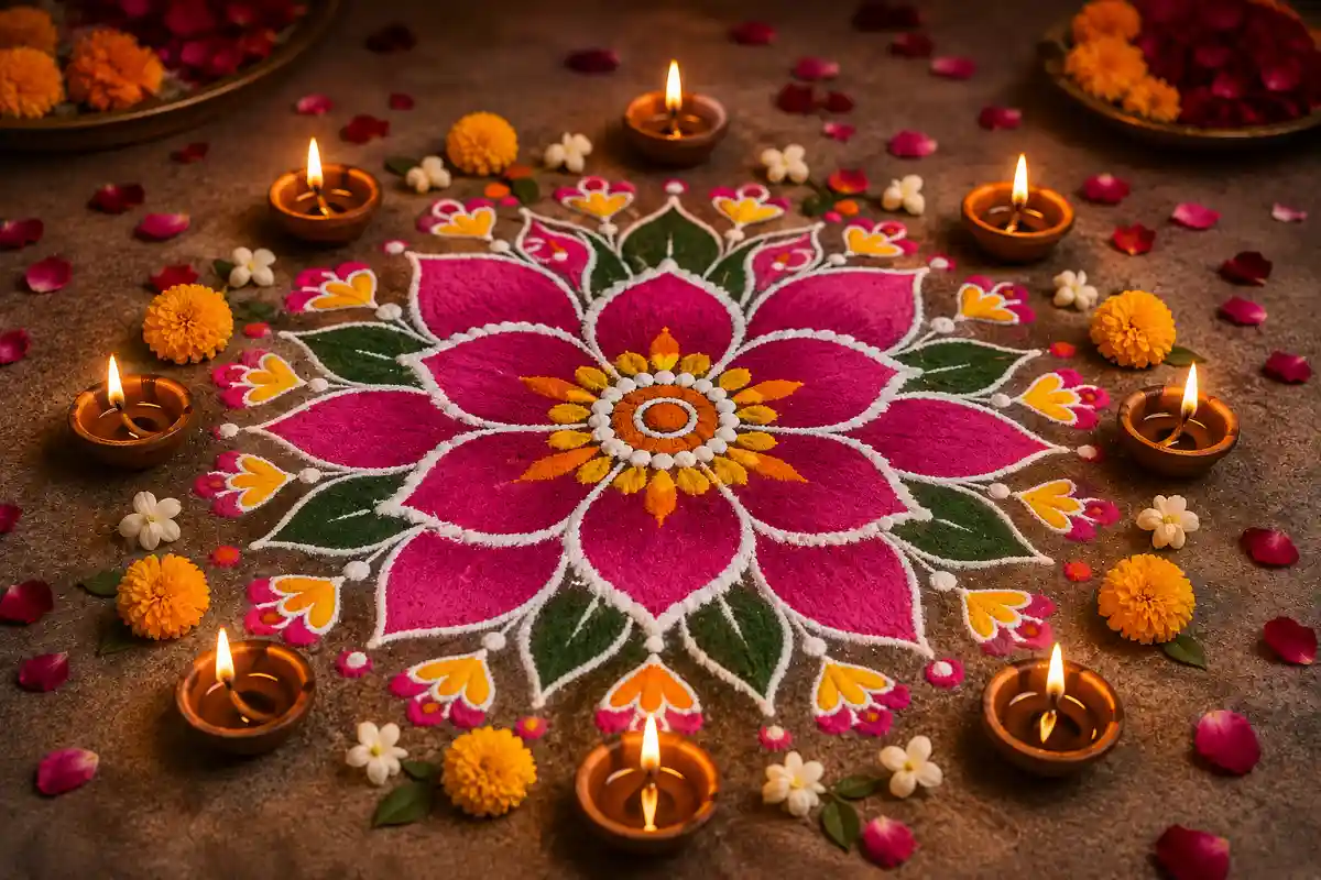 Flower and diya rangoli for Diwali