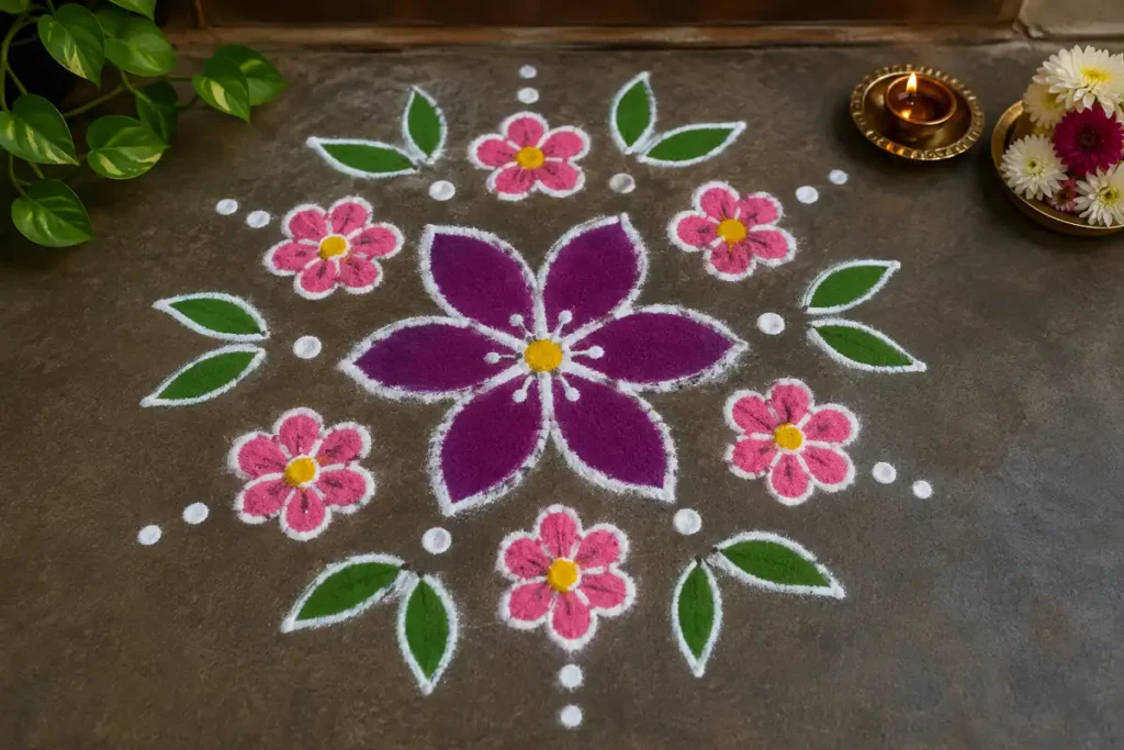 Beautiful flower and dot rangoli design with colorful flowers, leaves, and dots