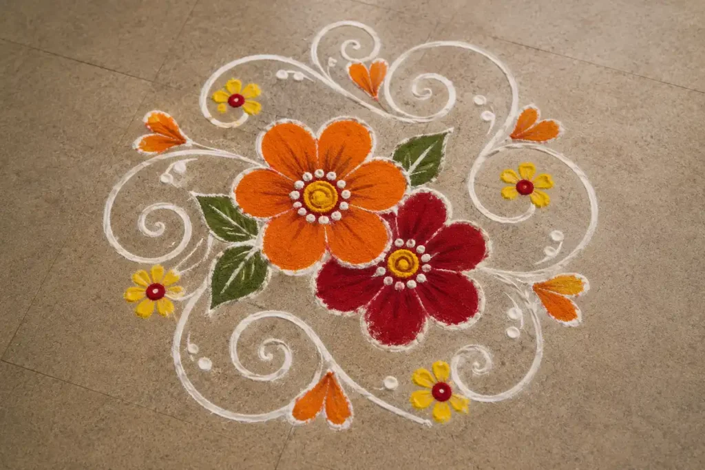 Beautiful flower and swirl rangoli design with colorful flowers and white patterns