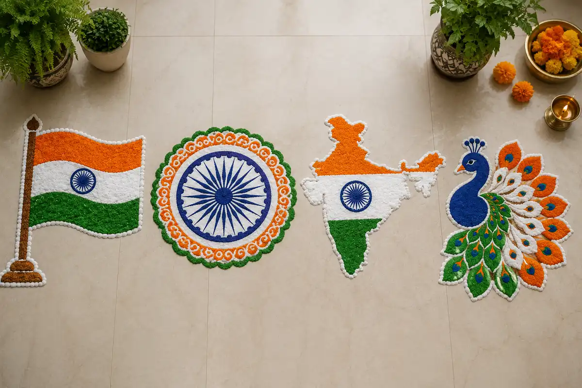 Four rangoli for Independence Day designs including flag, Chakra, India map, and peacock