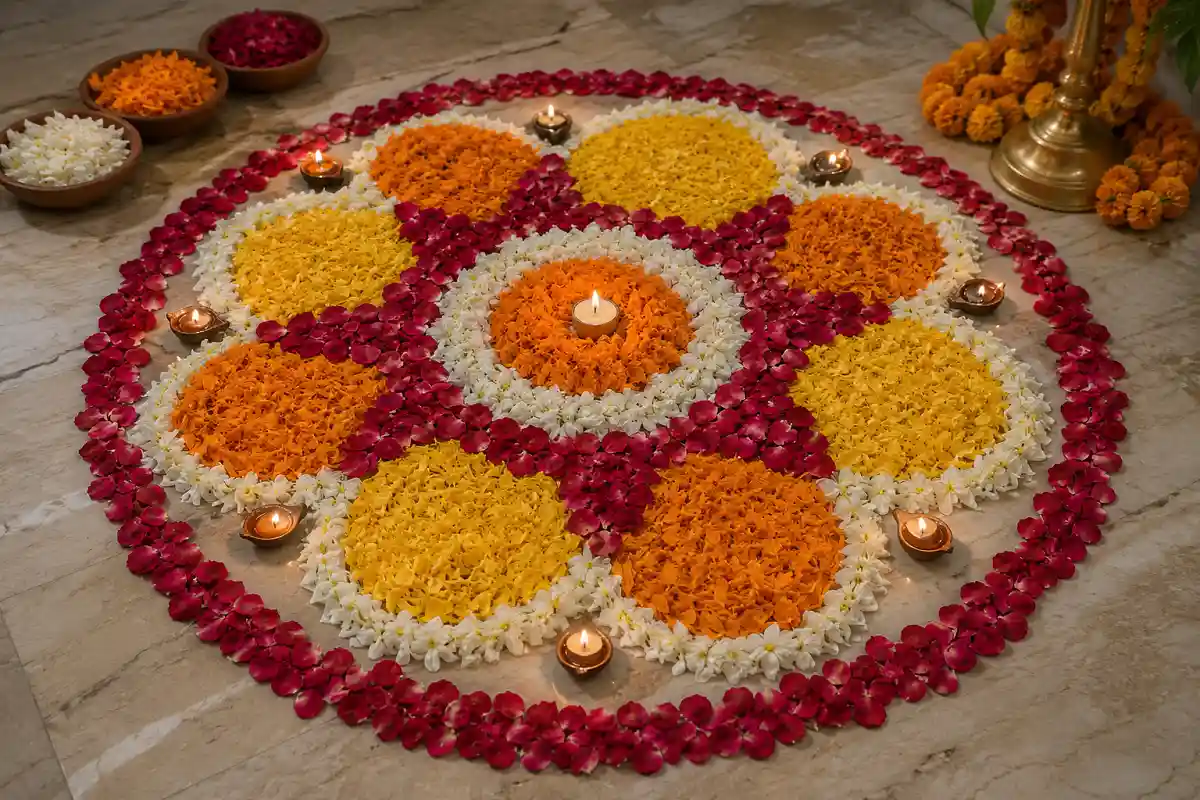 Fresh flower petal rangoli design with marigold rose and jasmine