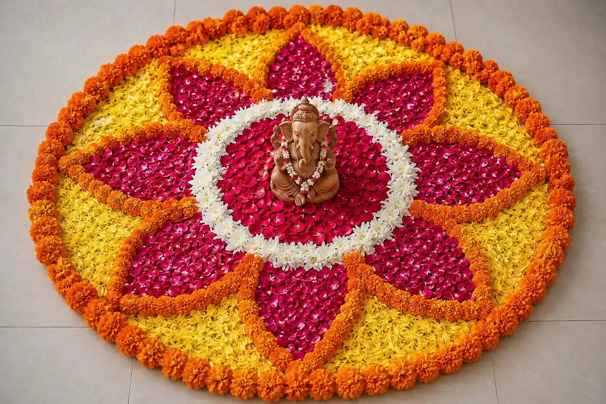Fresh flower rangoli designs for Ganesh Chaturthi made with marigold and rose petals