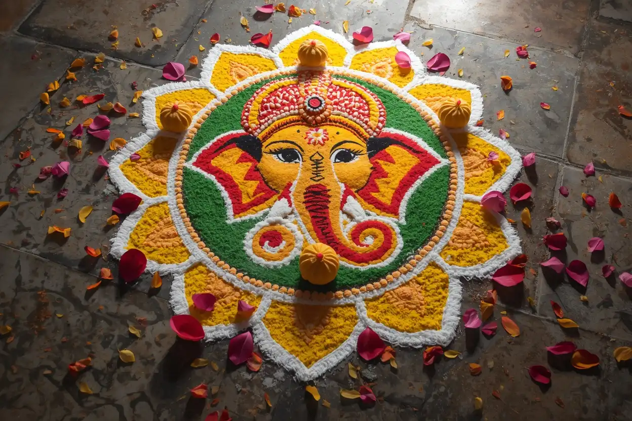 Ganesha, modak, and lotus motifs used in rangoli designs for Ganesh Chaturthi