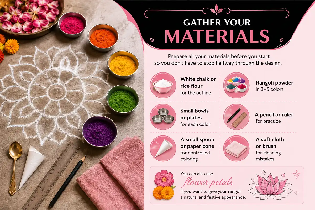 Gather your rangoli materials