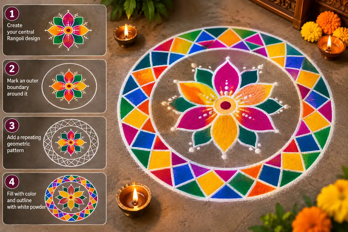 Colorful geometric border Rangoli with repeating patterns