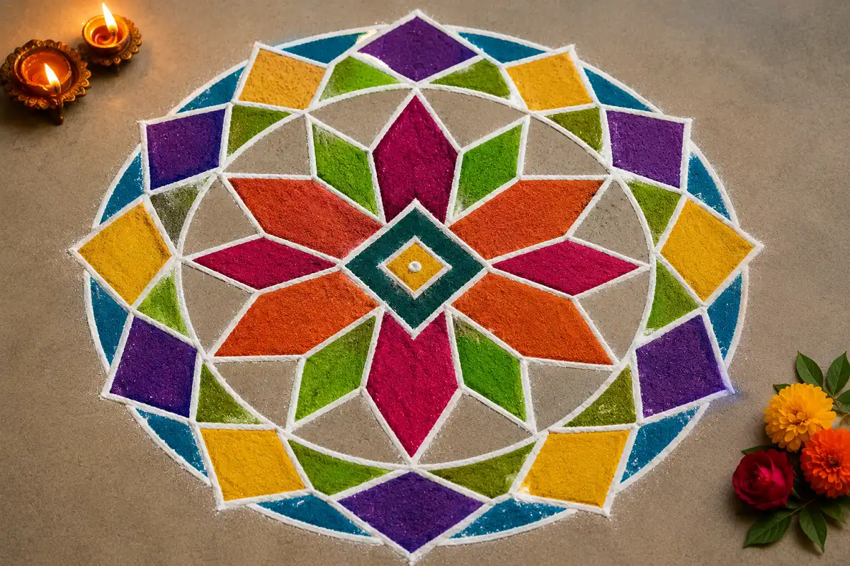Colorful geometric flower Rangoli with eight pointed petals