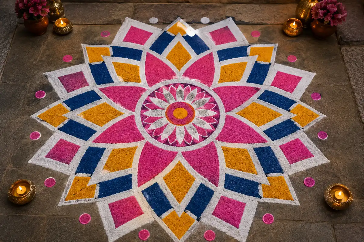Geometric flower rangoli with pink, blue, gold and white patterns