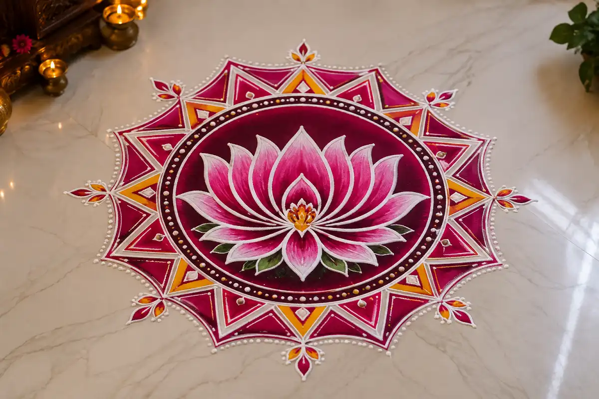 Geometric lotus rangoli with pink and white lotus petals and angular geometric patterns