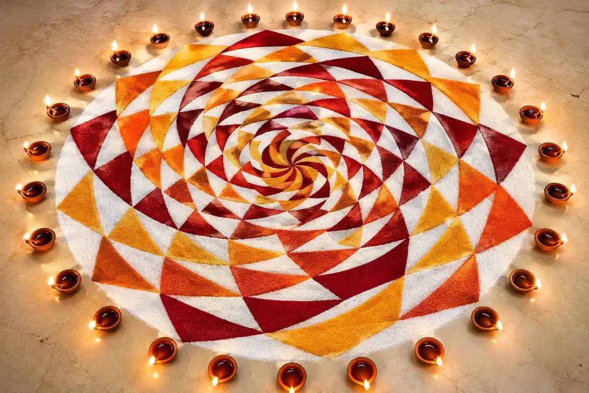 Geometric spiral rangoli with rotating squares, triangles and diamonds in red, orange, yellow and white
