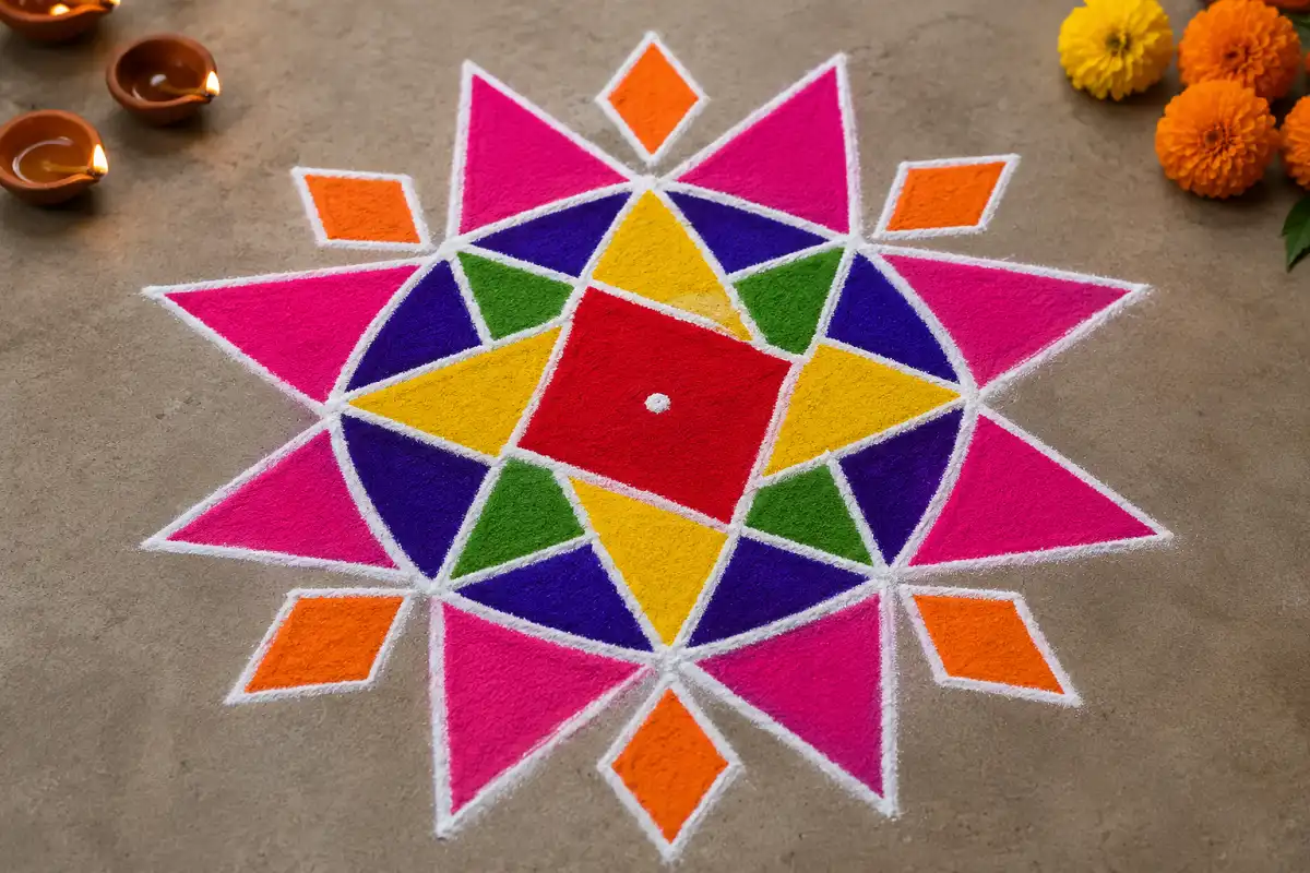 Colorful geometric star Rangoli design with bright colors