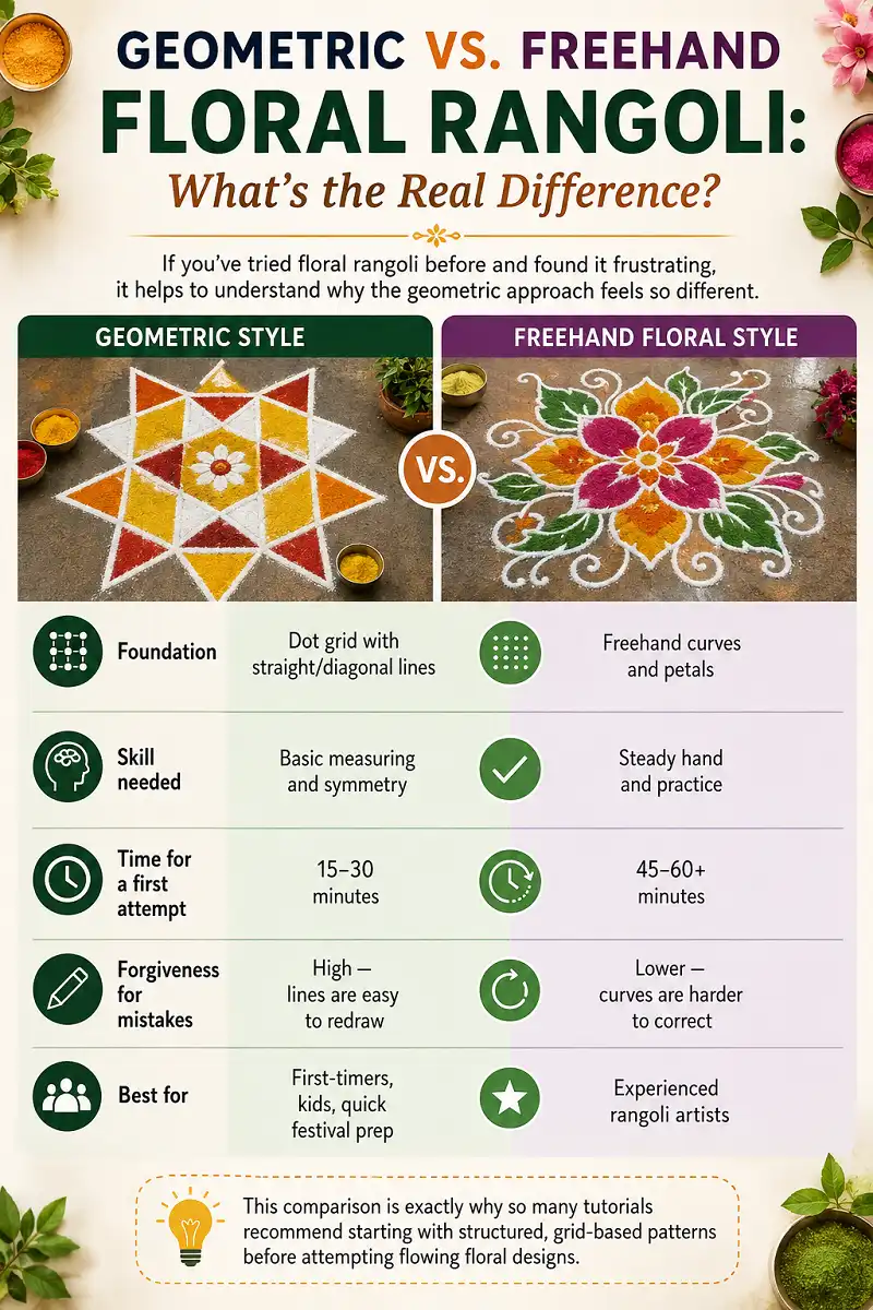 GEOMETRIC VS. FREEHAND FLORAL RANGOLI
What’s the Real Difference?
