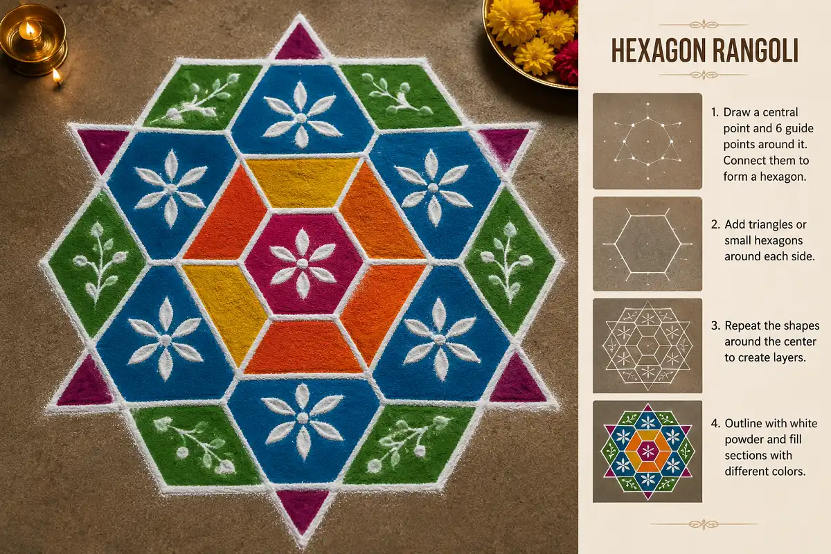 Colorful hexagon Rangoli design with layered geometric patterns