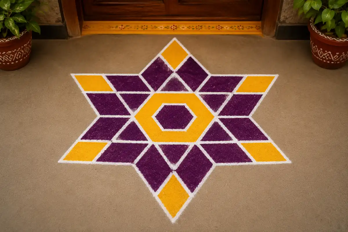 Colorful hexagon and diamond fusion rangoli with white outlines at a home entrance