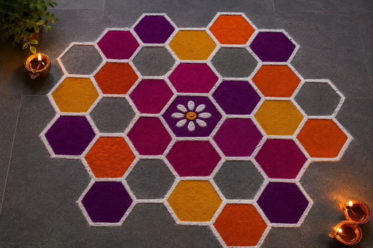 Honeycomb hexagon rangoli with colorful geometric hexagons, white outlines and glowing diyas