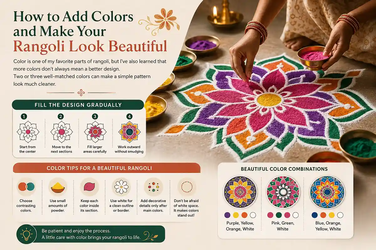 Colorful rangoli with hands adding powder, showing tips for beautiful color combinations and neat designs