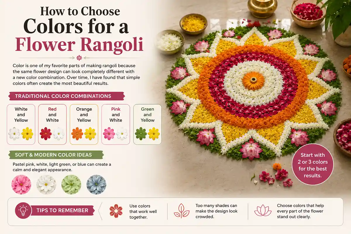 Flower rangoli color combinations featuring traditional and soft modern palettes