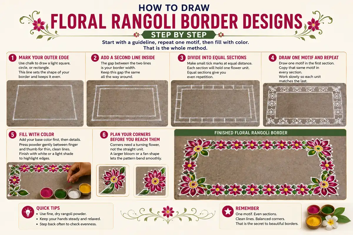Step by step infographic showing how to draw a floral rangoli border with flowers and colors.