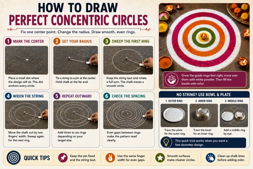 Infographic showing steps to draw neat and even concentric rangoli circles.