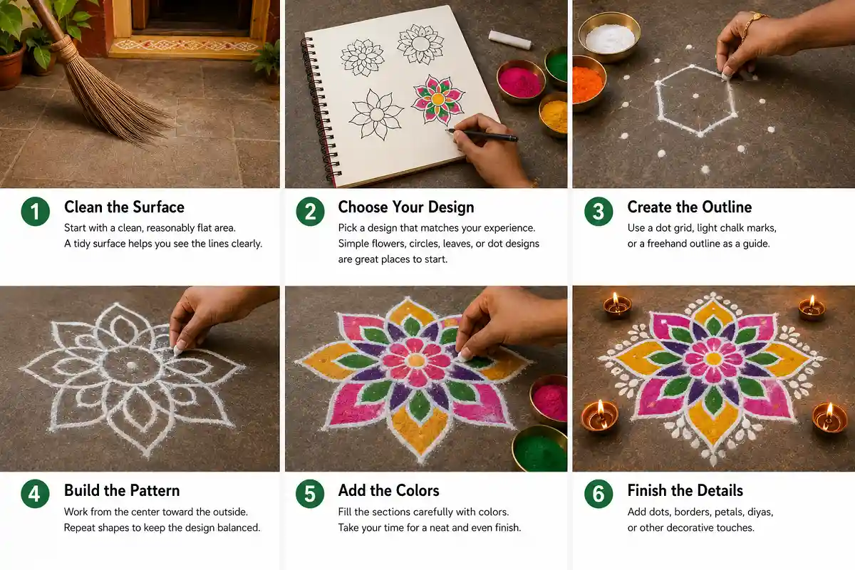 Colorful rangoli design with step by step drawing guide for beginners