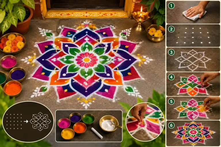 Colorful rangoli design with step by step drawing guide for beginners.