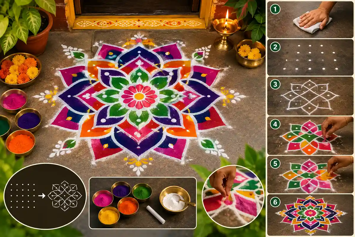Colorful rangoli design with step by step drawing guide for beginners.