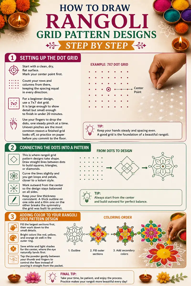 Step by step infographic for drawing and coloring a rangoli grid pattern.