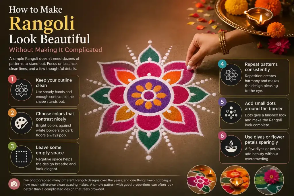 Simple colorful Rangoli with tips for clean, balanced, elegant decoration