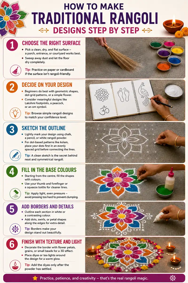 Traditional Rangoli Designs Step by Step: From Sketching to Diyas