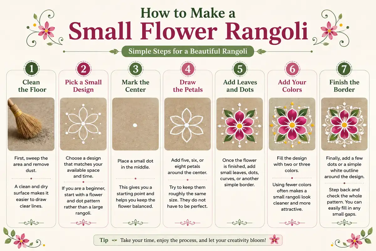 Infographic showing seven easy steps to create a small flower rangoli