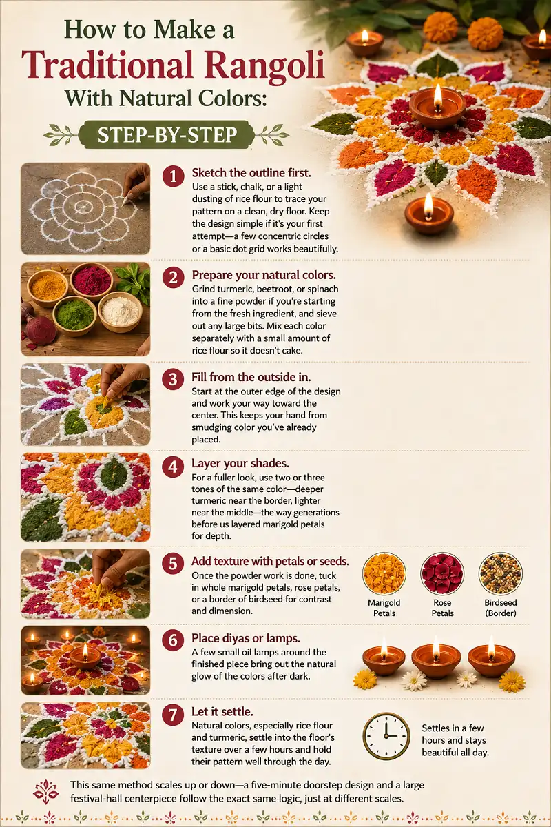 Step by step infographic for making a traditional rangoli with natural colors.