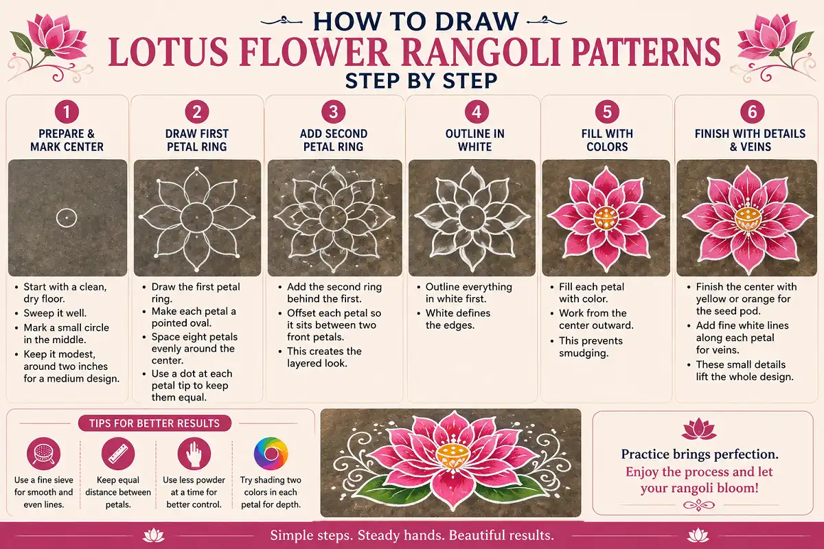 Step by step infographic showing how to draw a layered lotus flower rangoli design.